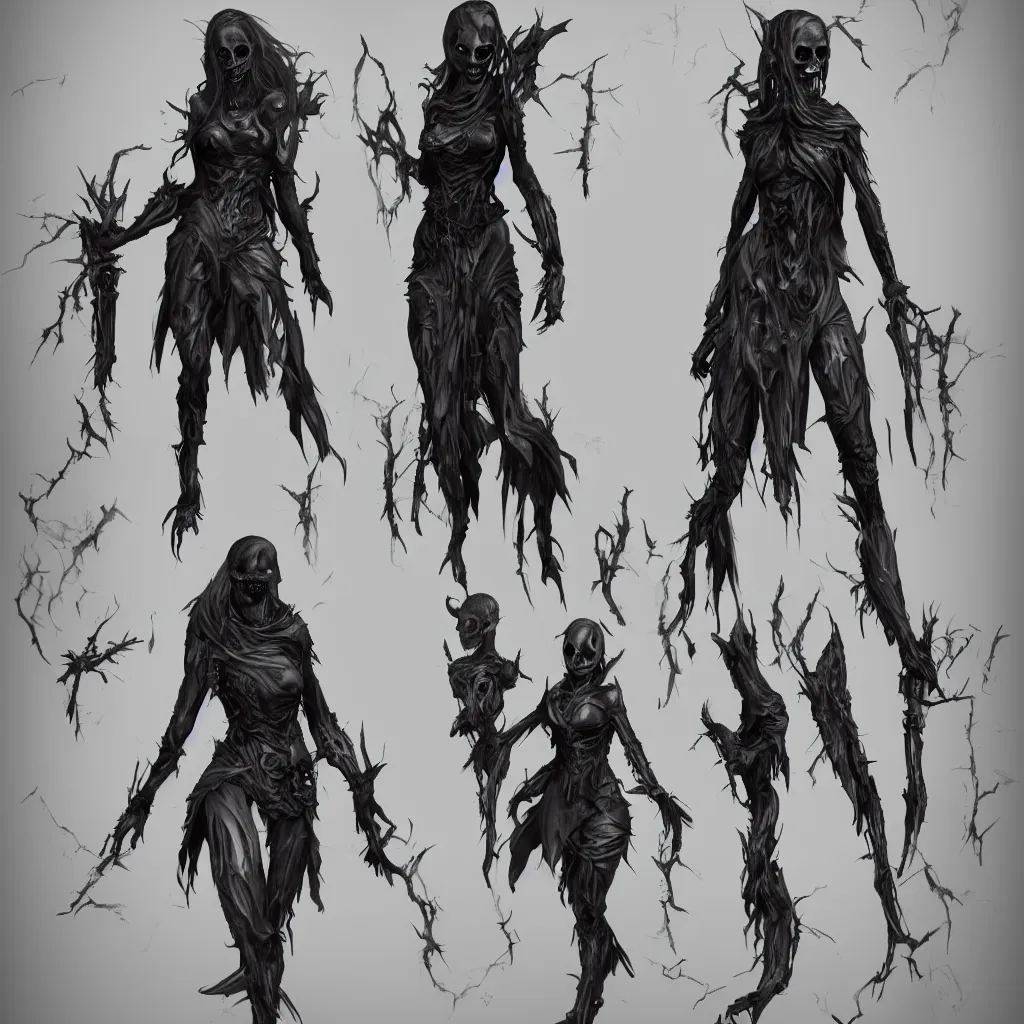 Image similar to female wraith, undead, dynamic pose, skull, terrifying, dark, fog, artstation