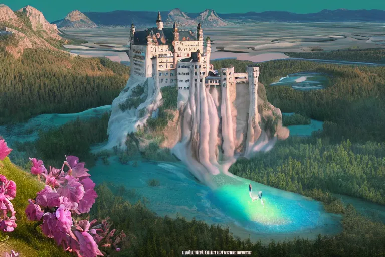 Image similar to neuschwanstein castle on pamukkale thermal waters flowing down gold travertine terraces in royal blue antelope canyon during sakura season on an interstellar aurora borealis with heavy thunder and lightning, pink waterfalls, flowers, by peter mohrbacher, james jean, james gilleard, greg rutkowski, vincent di fate, rule of thirds, octane render, beautiful landscape