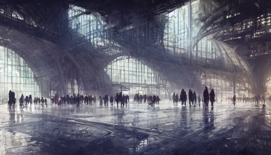 Prompt: berlin hauptbahnhof in year 3 0 2 2 interior, light, shadows, reflections, epic composition, intricate, elegant, volumetric lighting, digital painting, highly detailed, artstation, sharp focus, illustration, concept art, ruan jia, steve mccurry