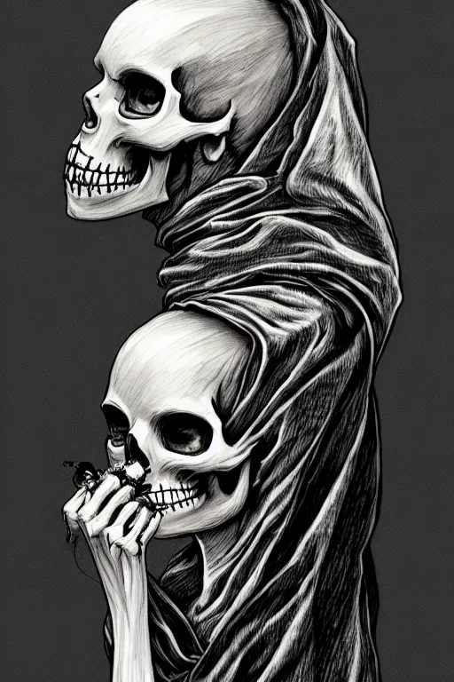 Prompt: Sad lonely skull faced Death is drinking tea, wearing cloak made of smoke and ashes, death is partly draped with bones, death is split in two with smoke, black cat sitting nect to death, fantasy, intricate, elegant, highly detailed, digital painting, artstation, woamn is curved, concept art, smooth, sharp focus, illustration, art by Ilja Repin