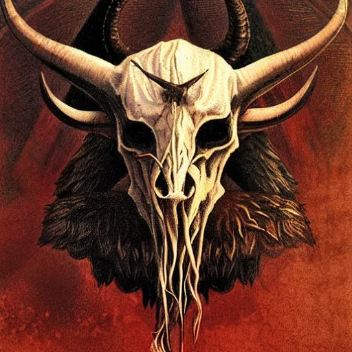 Image similar to baphomet with goat horns holding an animal skull, style of da vinci, horror, fantasy illustration, by greg rutkowski