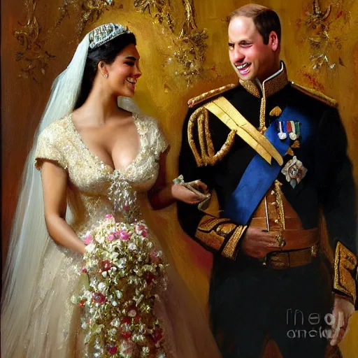 Image similar to detailed painting of prince william marrying attractive kim kardashian, highly detailed painting by gaston bussiere, craig mullins, j. c. leyendecker 8 k, smiling couple, royal painting