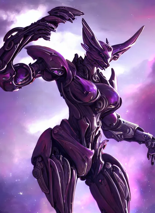 Image similar to cinematic body shot, cosmic beautiful stunning giant robot mecha hot female dragon goddess, sleek anthro cyborg dragon, sharp metal ears, smooth purple eyes, smooth fuschia skin, smooth silver armor, nebula size, epic proportions, epic scale, macro furry, furry art, dragon art, goddess art, giantess art, warframe, warframe fanart, furaffinity, octane