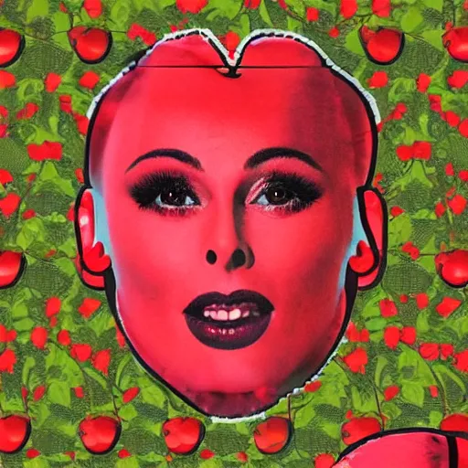 Image similar to the red fruit cherry, collage with the face of cher on it