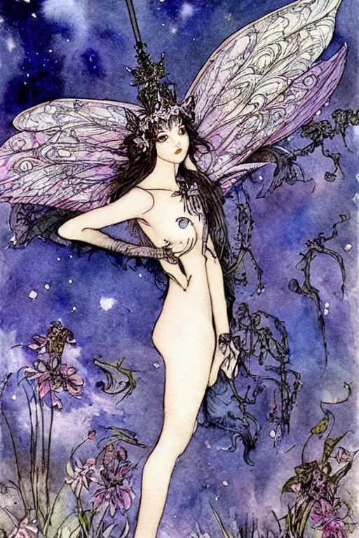 Image similar to fairy princess with a bat wing crown, night sky background, art by luis royo and walter crane and kay nielsen, watercolor illustration,