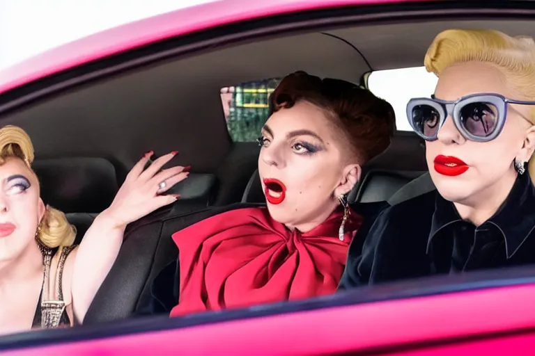 Prompt: lady gaga and judy garland in carpool karaoke, red weapon 8 k s 3 5, cooke anamorphic / i lenses, highly detailed, cinematic lighting