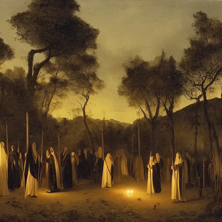 Prompt: A Holy Week procession of grim reapers in a lush Spanish landscape at night. A hooded figure at the front holds a cross. Petrus van Schendel.