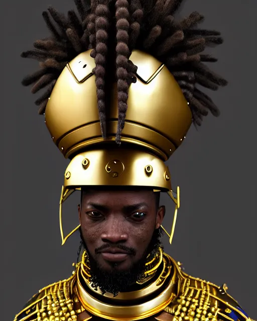 Prompt: fully armored african samurai, unreal engine 5, dreadlocks, man, blender, symmetrical ,portrait, atmosphere, dark brown skin, gold teeth, chrome reflective visor, gold beads, depth of field, landscape, lush, ultra realistic, cinematic, macro, artstation, megascan, elegant, epic, Quixel, weta digital, focus, octane render, v-ray, 8k, art by Sonia Delaunay