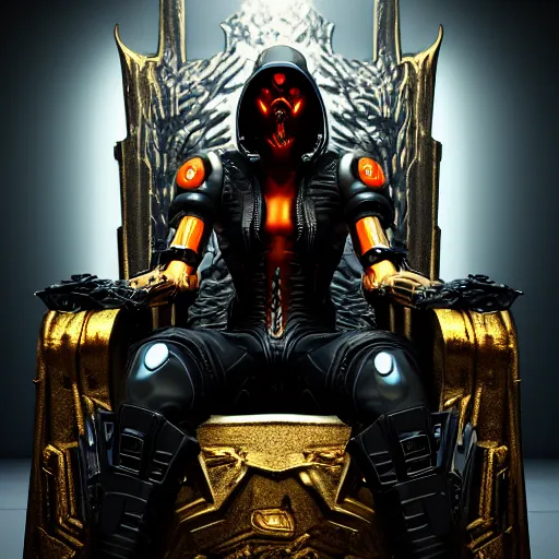 Image similar to evil cyberpunk dark lord sitting on a throne, highly detailed, photorealistic portrait, bright studio setting, studio lighting, crisp quality and light reflections, unreal engine 5 quality render