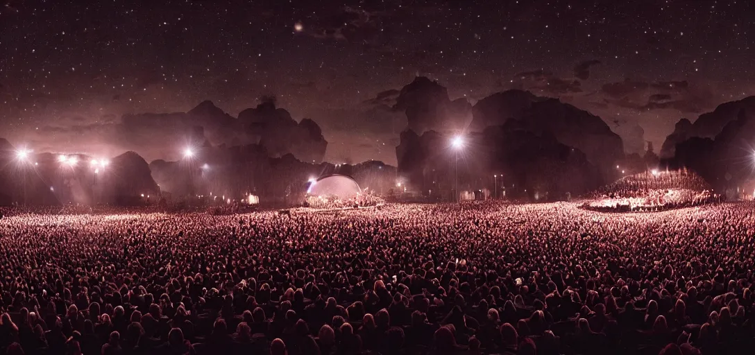 Image similar to a very high resolution image from a new movie. a beautiful concert during the night. photorealistic, photography, directed by stanley kubrick