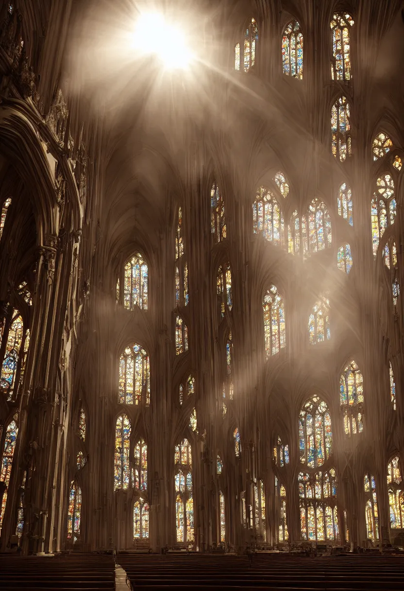 Prompt: nave of gigantic cathdral, sunrays, atmospheric, cinematic