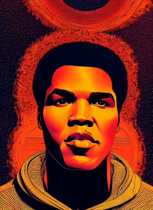 Prompt: portrait of muhammad ali, artstation winner by victo ngai, kilian eng and by jake parker, by conrad roset, black and orange color lines, winning award masterpiece, fantastically gaudy, aesthetic octane render, 8 k hd resolution