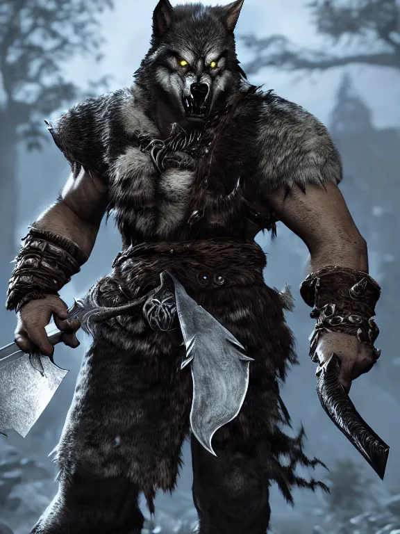 Prompt: cute handsome cuddly burly surly relaxed calm timid werewolf from van helsing holding a sword unreal engine hyperreallistic render 8k character concept art masterpiece screenshot from the video game the Elder Scrolls V: Skyrim