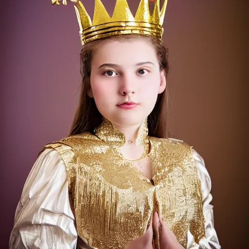 Prompt: a 1 5 years old girl wearing regal clothes and a golden crown