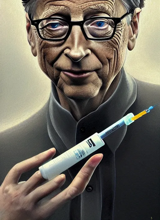 Image similar to bill gates with reptile eyes!!!, vertical pupil!!!, lizard skin, holding a syringe!!, portrait, intricate, elegant, highly detailed, digital painting, artstation, concept art, wallpaper, smooth, sharp focus, illustration, art by h. r. giger and artgerm and greg rutkowski and alphonse mucha