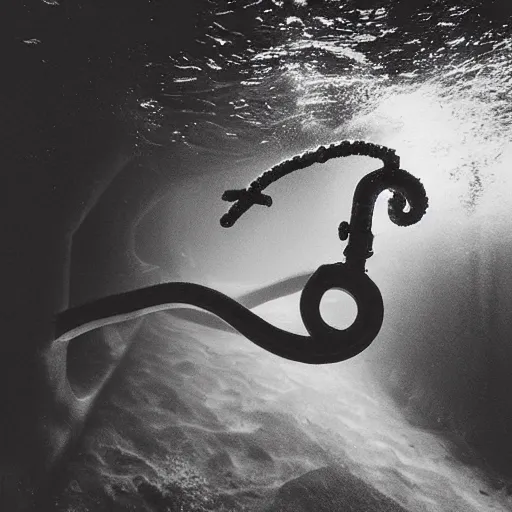 Image similar to “Underwater, a submarine is held by the tentacle of a sea monster”