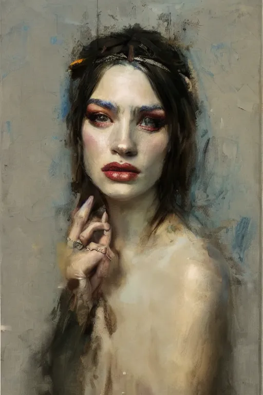 Image similar to Richard Schmid and Jeremy Lipking and simon bisley full length portrait painting of a young beautiful priestess woman
