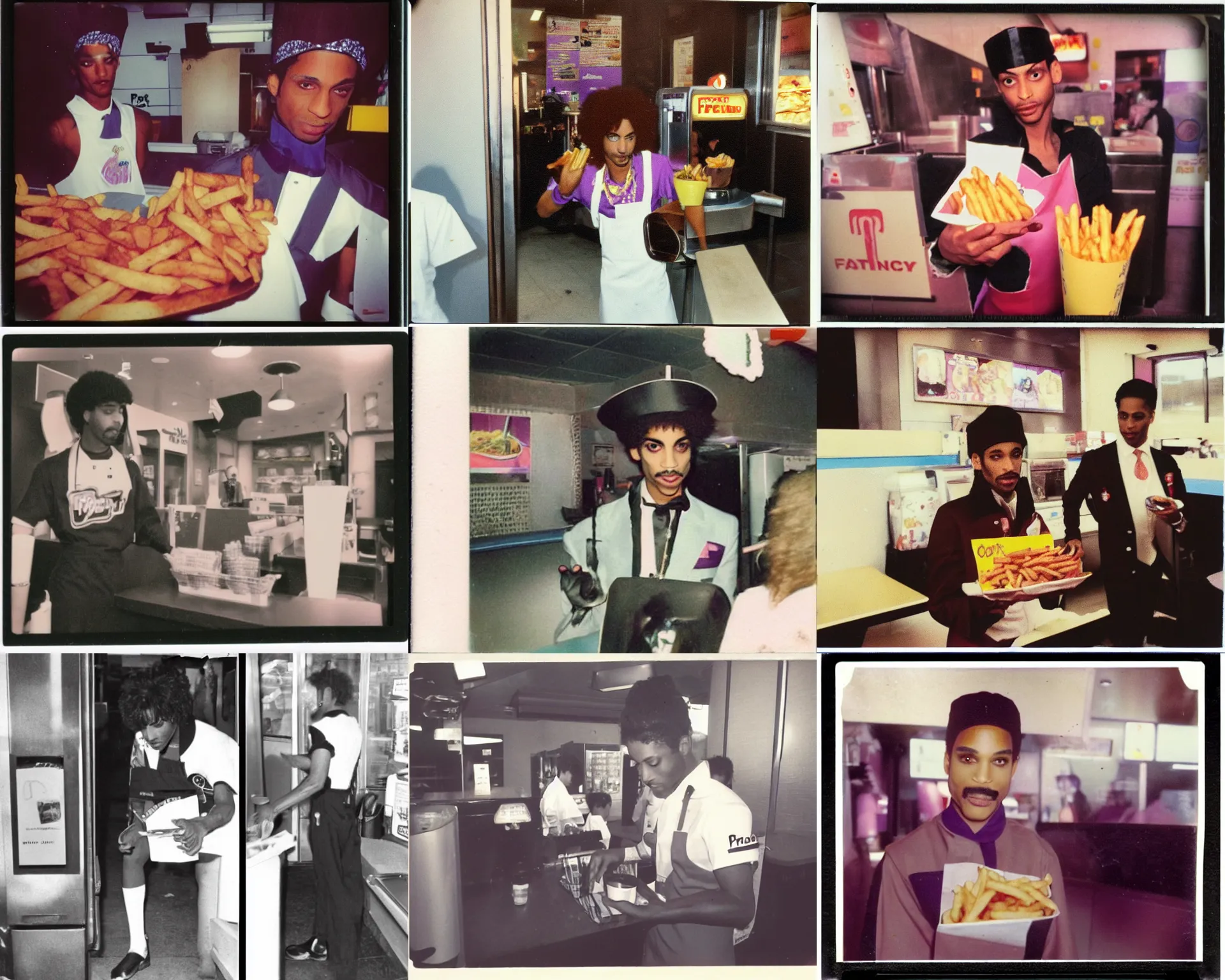Prompt: prince rogers nelson working at fast food place, serving fries, polaroid colour faded
