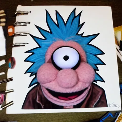 Image similar to Rick Sanchez depicted as a muppet, photo realism