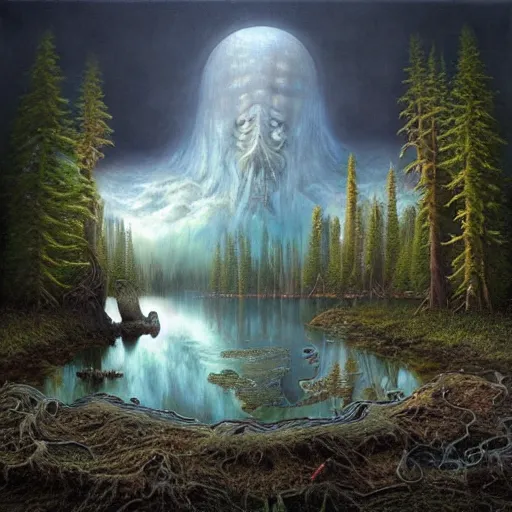 Image similar to squid lake. art by tomasz alen kopera.