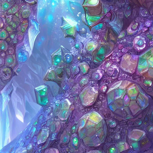 Prompt: a fractal of intricately detailed iridescent crystals by tyler edlin, thomas kinkade, artstation hd