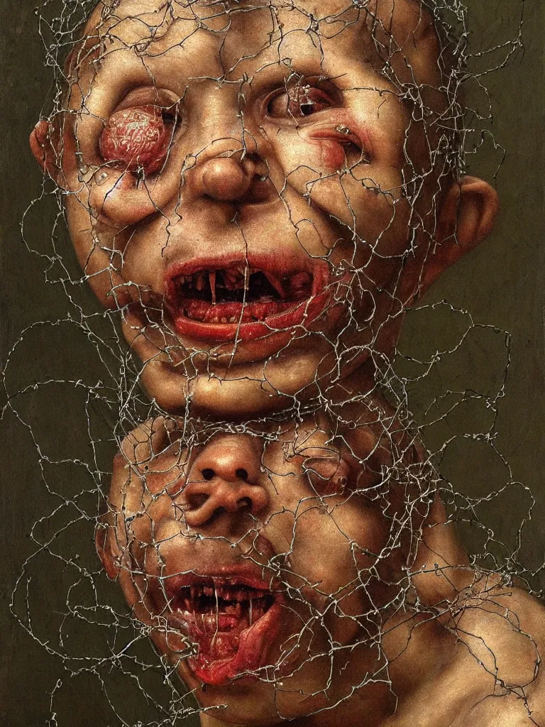 Image similar to a boy made of barbed wire looking into camera, screaming in pain, by giuseppe arcimboldo and ambrosius benson, renaissance, intricate and intense oil paint, a touch of beksinski and hr giger and edward munch, realistic