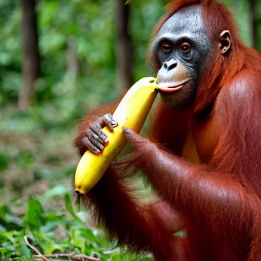 Image similar to an orangutang putin eating a banana