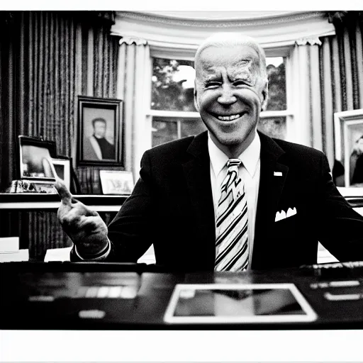 Prompt: joe biden playing using a pioneer cdj in the oval office, cdj nxs 2, high quality photo sharp focus bright direct light, shot by terry richardson