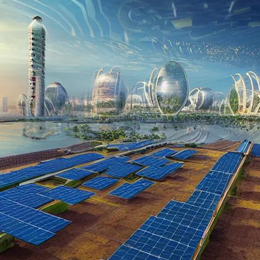 Image similar to solarpunk sea city, highly detailed, 4k, HDR, smooth, sharp focus, hyper realistic, high resolution