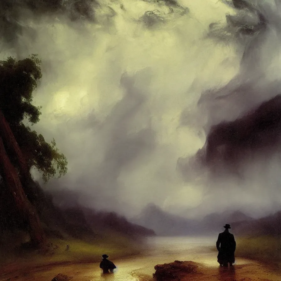 Prompt: artwork about a lonely man during a rainstorm, rainy day, painted by thomas moran and albert bierstadt. monochrome color scheme.