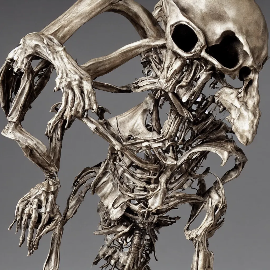 Image similar to a realistic metal sculpture of an alien skelleton, super detailed