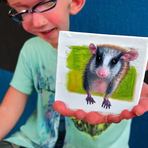 Image similar to an opossum holds up the finger painting he did, hd digital photography