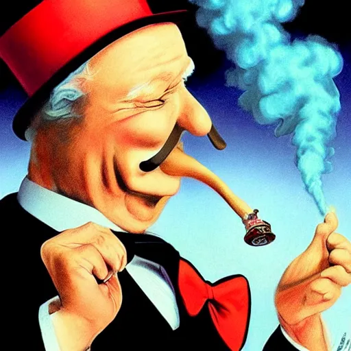 Prompt: uncle pennybags holding a Sherlock pipe, melting smoke clouds, drawing by Alex Ross