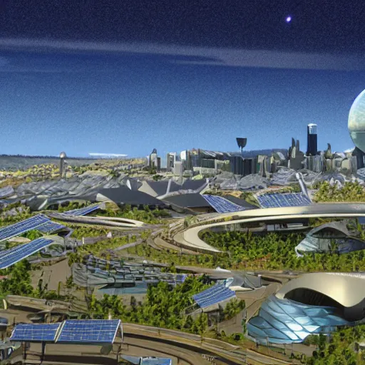 Image similar to city of Canberra the capital city of australia Solarpunk concept art by studio ghibli and moebius and Masamune Shirow and Katsuya Teradaa ecologically-design town, eco-friendly organic city, photovoltaic panels structures realistic, 8k, octane 3d render