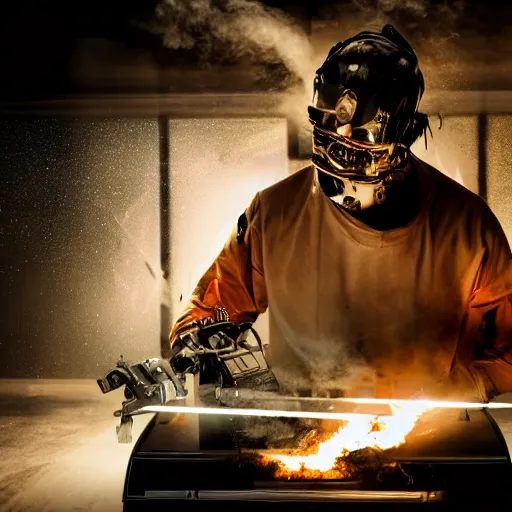 Image similar to cyborg with toaster oven for torso, dark messy smoke - filled cluttered workshop, dark, dramatic lighting, orange tint, sparks, cinematic, highly detailed, sci - fi, futuristic, movie still