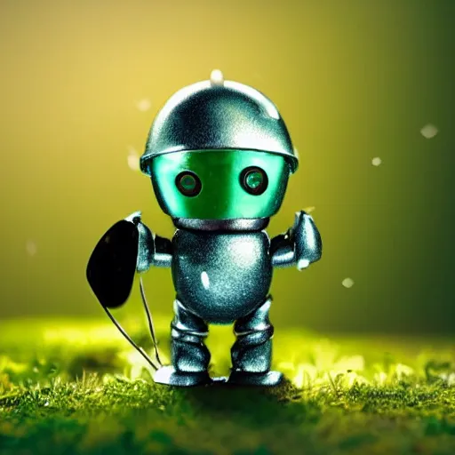 Image similar to A tiny, tin robot, in a green forest holding a leaf over his head to shield him from the wet rain. dew drops. cinematic lighting, cute.