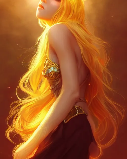 Image similar to a beautiful sun goddess, flowy yellow golden hair, golden eyes, sun, summer, cinematic lighting, highly detailed, digital painting, trending on artstation, pixiv, concept art, sharp focus, illustration, art by ross tran and wlop, dark art