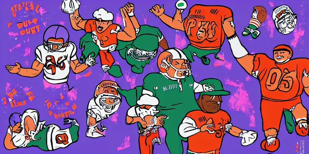 Image similar to Football players Butkus, Ditka, Walter Payton, as chefs inside Cthulhu, in the style of Lisa Frank