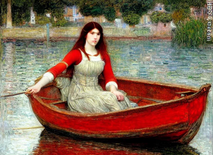 Image similar to lady of shallot in a boat by john william waterhouse, rosetti, monet, william holman hunt, 8 k