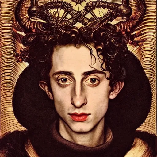 Image similar to timothee chalamet as an evil god, made by caravaggio, peter paul rubens, diego velazquez, rossdraws, jan van eyck, max ernst, ernst haeckel, ernst fuchs