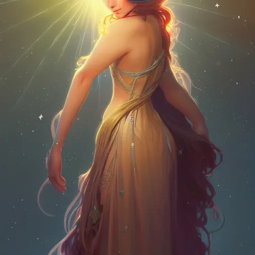 Image similar to girl with super long hair, hair becoming bright stars, intricate, highly detailed, digital painting, artstation, concept art, smooth, sharp focus, illustration, unreal engine 5, 8 k, art by artgerm and greg rutkowski and alphonse mucha