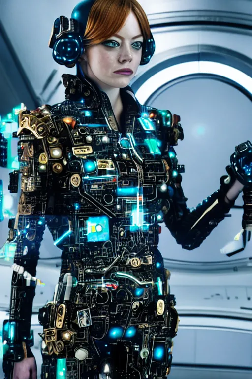 Prompt: emma stone as a cyberpunk warrior wearing armor made out of computer circuits standing on the command deck of a spaceship, cosplay, high resolution film still