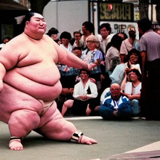 Image similar to 1 9 8 0 s sumo wrestler street performer