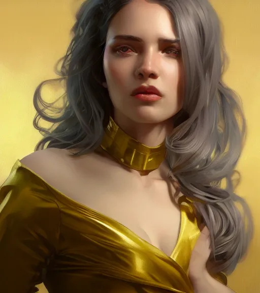 Image similar to a girl wearing a golden dress, grey hair, red necktie, cinematic, stunning, highly detailed, digital painting, artstation, smooth, hard focus, full body shot, illustration, art by artgerm and greg rutkowski and alphonse mucha