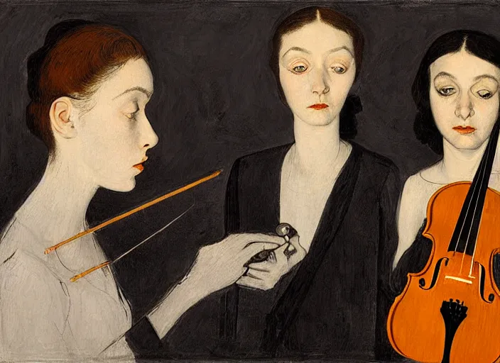 Image similar to portrait of two young nervous violin players getting ready to perform, half figure front, vincent lefevre and pat steir and hilma af klint, psychological, photorealistic, symmetrical faces, intriguing eyes, rendered in octane, altermodern, masterpiece