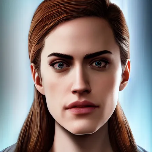 Image similar to a Super realistic version of Allison Williams in the style of Detroit: Become Human, cinematic, three quarter view, symmetrical face, full body, photo realistic, detailed , 8k, wide lens, unreal engine 5, hyper realistic, artgerm, trending on artstation