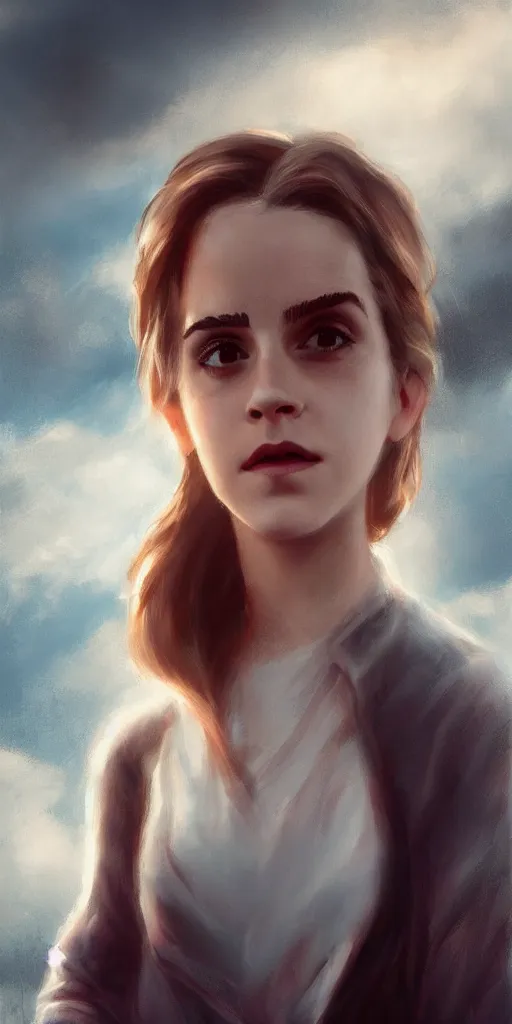 Image similar to emma watson by wlop. artstation contest winner, cinematic paint. lower shot. dramatic cloud in background.