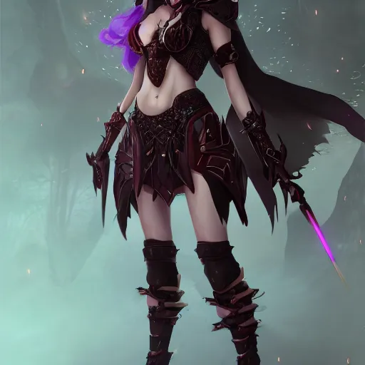 Image similar to character design, void arcanist cute female warrior, fantasy style clothing, anime key visual, official media, illustrated by wlop, extremely detailed, 8 k, trending on artstation, cinematic lighting, beautiful, mist, photorealistic, octane render, unreal engine, hyper detailed, volumetric lighting