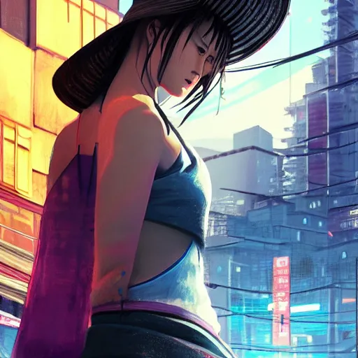 Prompt: Beautiful female samurai, with straw hat, cyberpunk 2077, city background, rainy night, neon glow concept art, sharp focus, intricate, digital painting, artstation, official media, anime key visual, highly detailed, rich vivid colors ambient lighting, illustration, art by Artgerm, Makoto Shinkai, Ilya Kuvshinov, Lois Van Baarle and Rossdraws