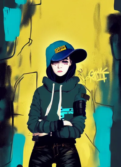 Prompt: highly detailed portrait of a sewer punk lady student, blue eyes, leather hoodie, hat, white hair by atey ghailan, by greg tocchini, by james gilleard, by kaethe butcher, gradient yellow, black, brown and cyan color scheme, grunge aesthetic!!! ( ( graffiti tag wall background ) )
